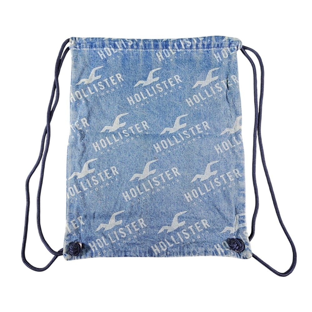 Hollister California Drawstring‎ Backpack Unisex OS Blue Denim Logo Print Cinch